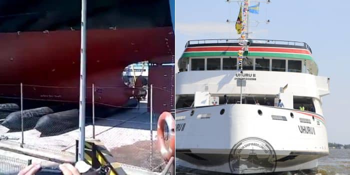 A photo collage of airbags laid to launch a ship and a photo of the MV Uhurur Two ship launched at Lake Victoria in Kisumu.