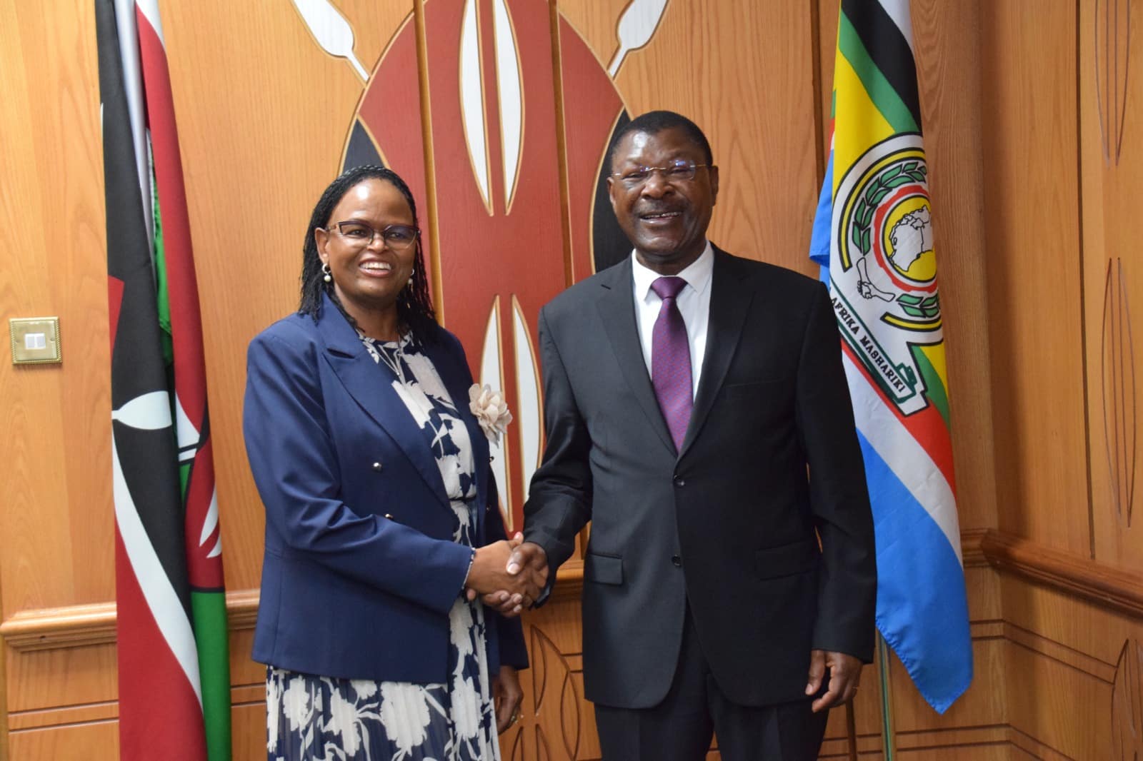 Cheif Justice Martha Koome (left) and Speaker Moses Wetangula shake hands during a meeting on October 20, 2023.