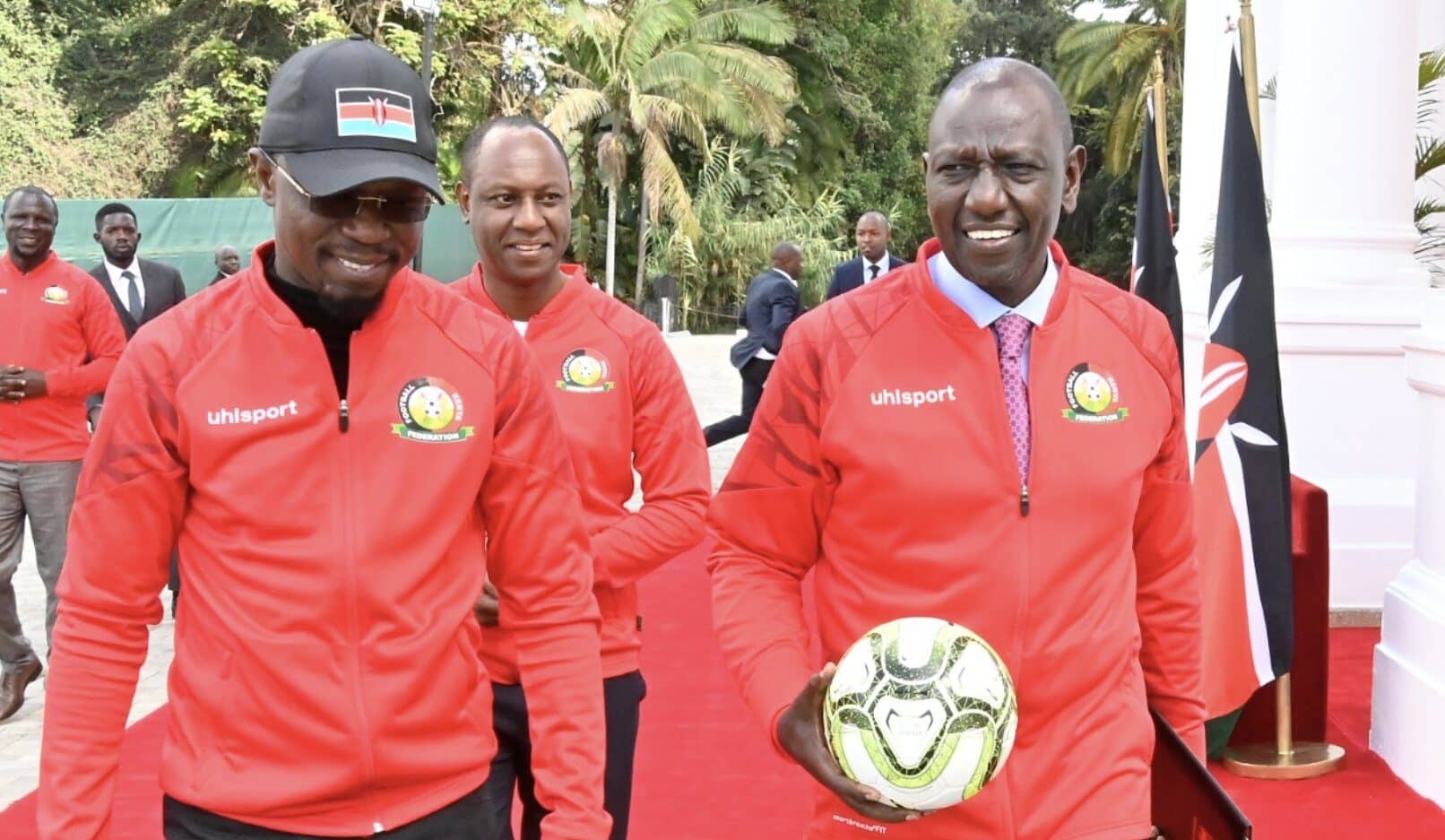 President William Ruto (right) and Sports Cabinet Secretary Ababu Namwamba take a stroll at State House in a past function.