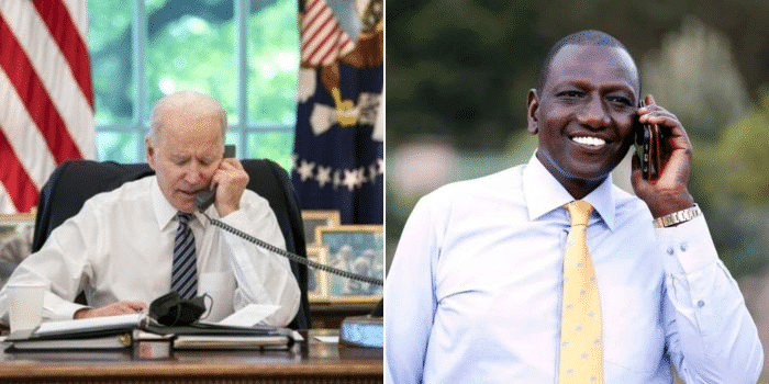 A photo collage of President Joe Biden (left) and President William Ruto in past phone calls.