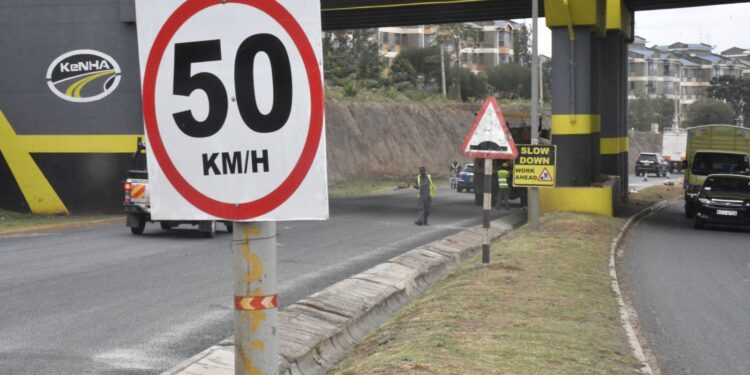 Photo of road signs erected along the southern bypass on ongoing construction works along the road. PHOTO/KeNHA.
