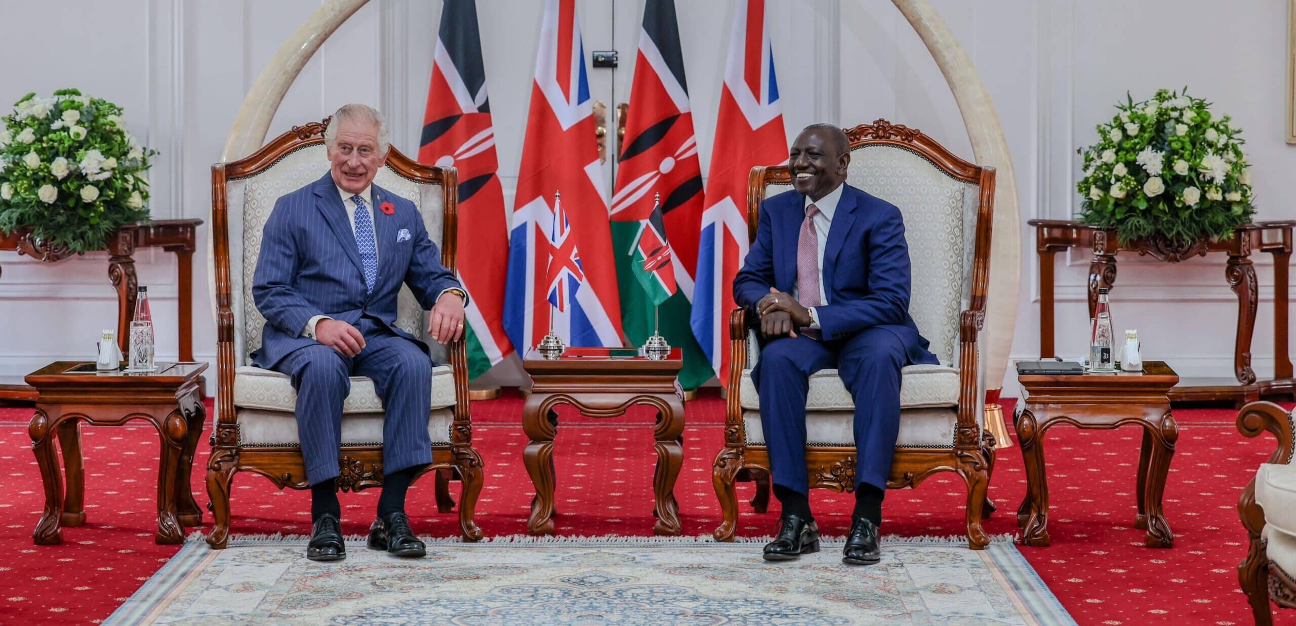 UK's King Charles (left) share a moment with President William Ruto during their meeting on October 31, 2023 at State House.