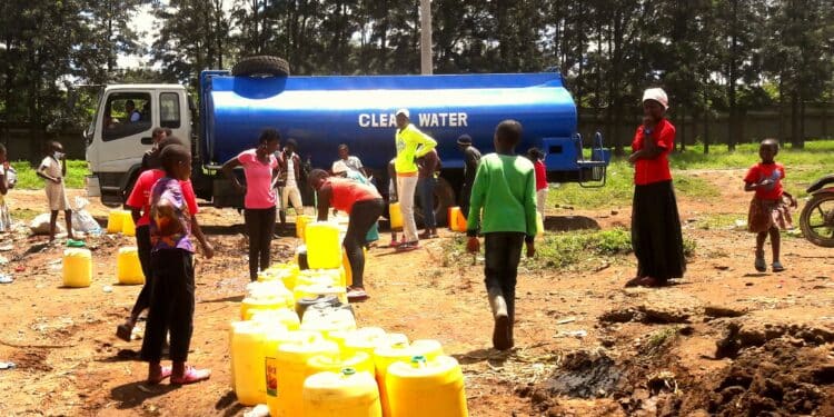 Photo of residents lining up for water in Bangladesh village, Nairobi.