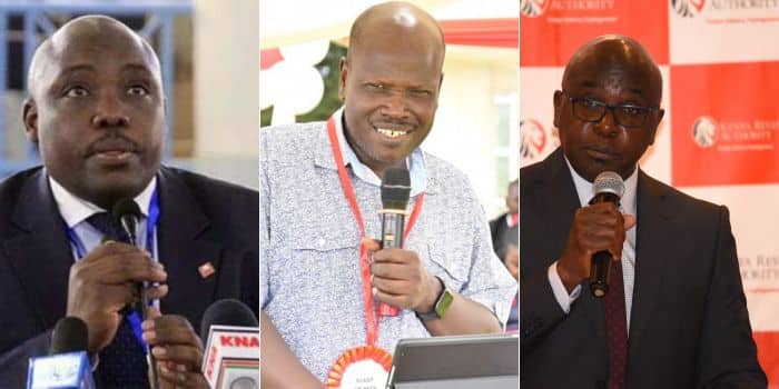 A photo collage of HELB CEO Charles Ringera (left), Kenya Power's Joesph Siror, and KRA Commissioner General Humphrey Wattanga.