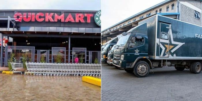 A photo collage Quickmart Supermarket branch and a photo of Wells Fargo's fleet of vehicles.