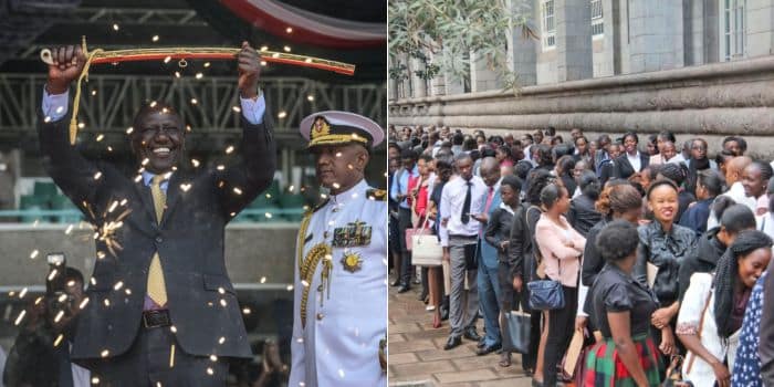 A photo collage of President William Ruto during his inaugration in September 2022 (left0 and a photo of jobseekers showing g up for a past interview.