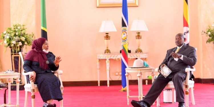 Uganda President Yoweri Museveni his Tanzanian counterpart Samia Suluhu.