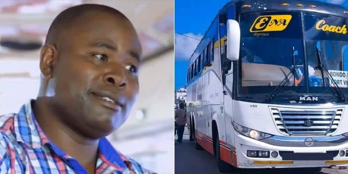 A photo collage of Evans Nyagaka the founder of ENA Coach and a photo of one of the buses in its fleet.