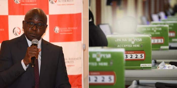 A photo collage of KRA Commissioner General Humphrey Wattanga (left) and a photo of a shop using Lipa na MPesa.