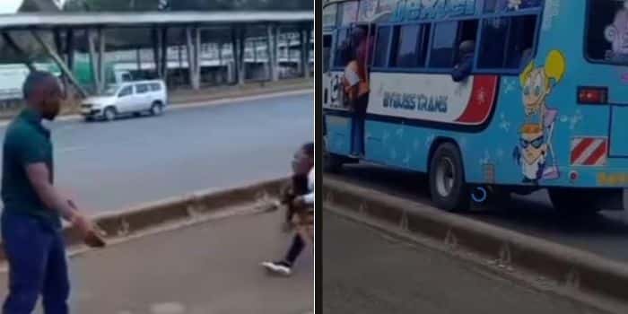 A photo collage of the man caught assaulting the passsenger and a photo showing passengers looking on at the scene where the matatu stopped.