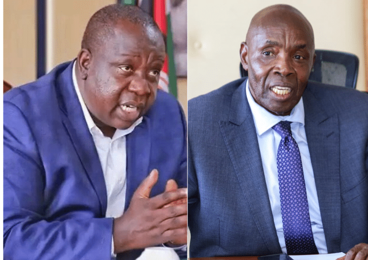 A collage of current Education CS Ezekiel Machogu with former Education CS Fred Matiang'i. PHOTO/ Courtesy.