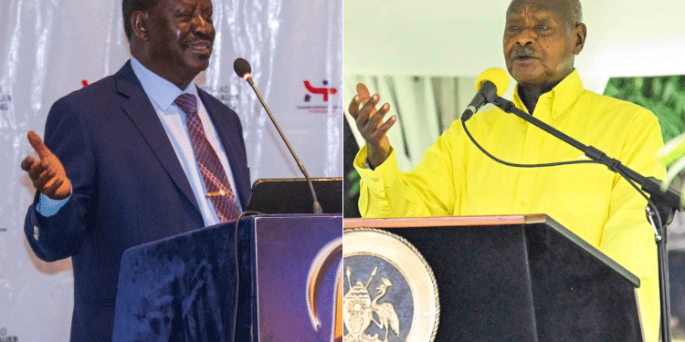 A collage of Ugandan President Yoweri Museveni (right) with Kenyan opposition leader Raila Odinga.
