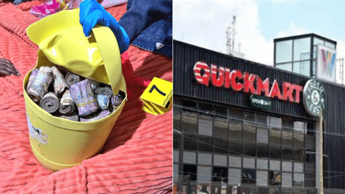 A photo collage of part of the Ksh.9M recovered by police and a Quickmart branch.