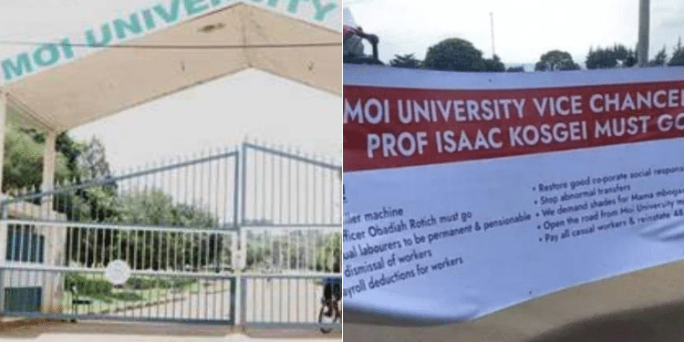 A collage of Moi University gate and a banner calling for removal of VC Isaac Kosgey.