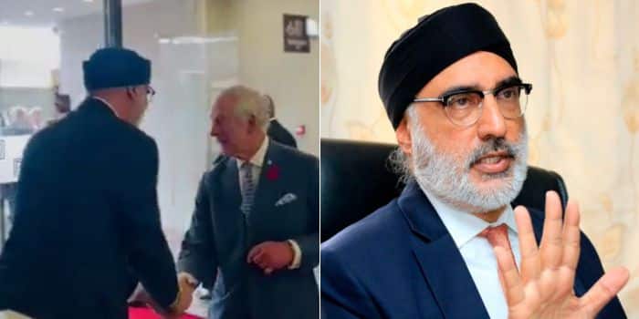 A photo collage of a screengrab of billionaire Jaswant Rai welcoming King Charles to ab uilding in West;ands and a photo og the renowned businessman.