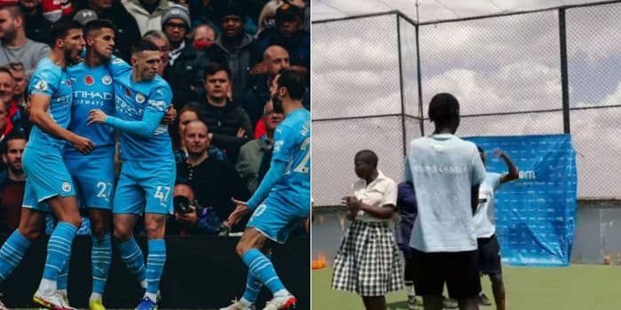 A photo collage of Manchester City players celebrating after scoring a goal in a past match and a screengrab of the football engagements in Kibera.