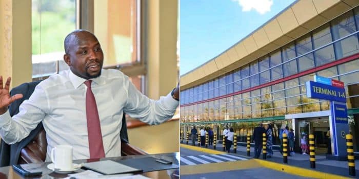 Transport Cabinet Secretary Kipchumba Murkomen (left) and a photo of the JKIA Airport in Nairobi.