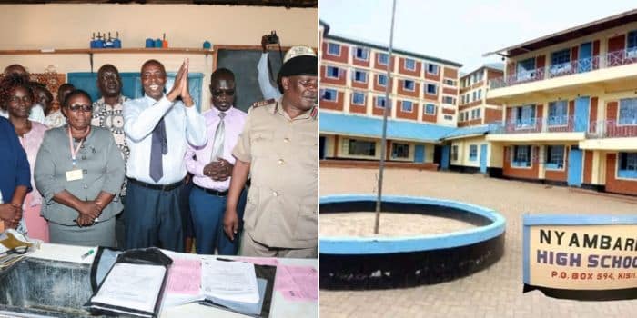 A photo collage of Education CS Ezekiel Machogu during an inspection tour in the ongoing KCSE (left) and a photo of Nyambaria High School where a principal was arrested.