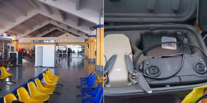 A photo collage of a photo showing a section of the Moi International Airport in Mombasa (left0 and a photo of some drones confiscated by KRA officers at the JKIA.