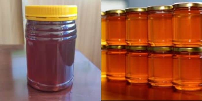 A photo collage of sample honey containers.