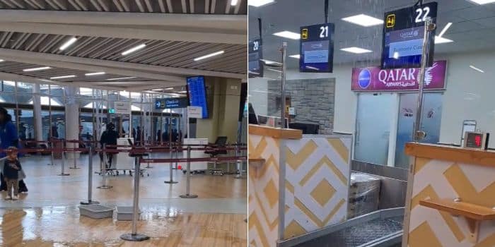 A photo collage of screengrabs of a video showing leaking parts of the JKIA.