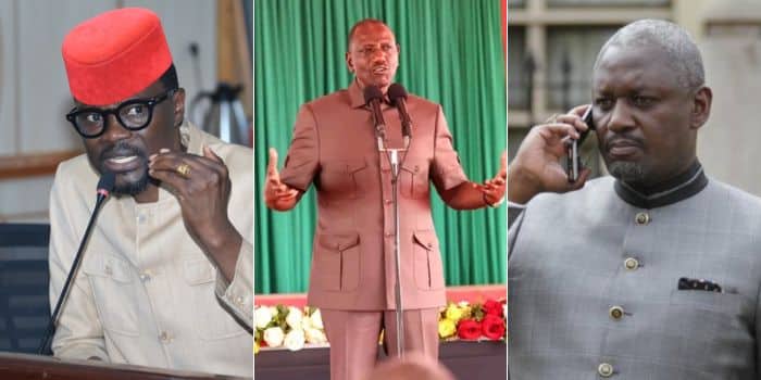 A photo collage of Kimili MP Didmus Barasa (left), President William Ruto (center) and Rarieda mp Otiende Amollo.