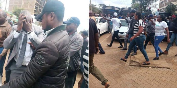 A photo collage of the robbery suspect walking in the company of police officers (left) and a photo of the irate mob at the scene.