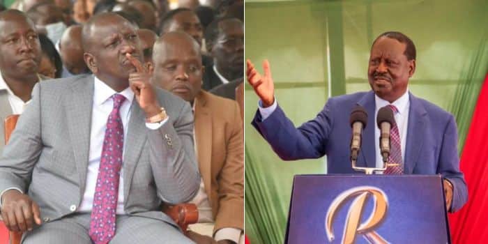 A photo collage of former Prime Minister Raila Odinga (right) and President William Ruto.