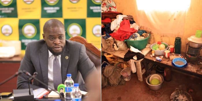 A photo collage of Nairobi Governor Johnson Sakaja and a photo of the room where the one-day old baby was found.