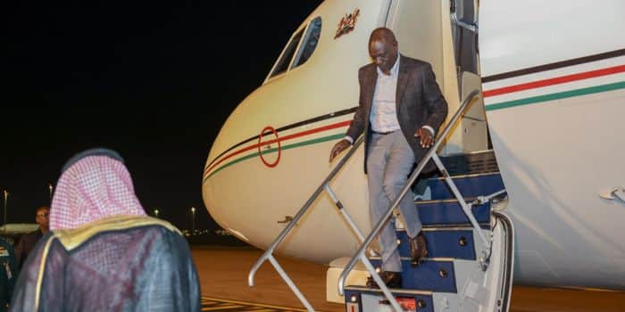 President William Ruto descends from his plane after arriving in Riyadh on November 10, 2023.