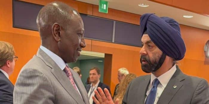 President William Ruto (left) shares a moment with World Bank President Ajay Banga in Berlin, Germany on the sidelines of the G20 summit on November 20, 2023.