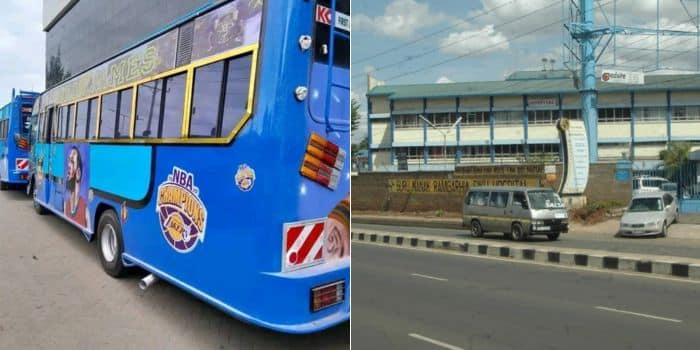 A photo collage of one of the matatus registered under the Zuri Genesis sacco and a photo showing the entrance to Guru Nanaka Hospital along Murang'a Road.