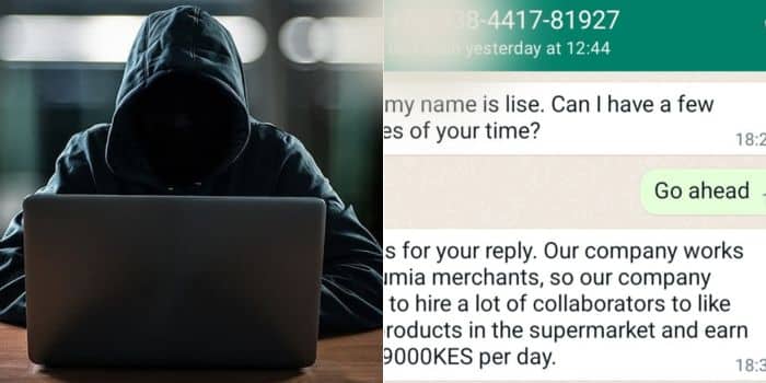 A photo collage of a hacking stock image and a screenshot of WhatsApp message shared by the DCI illustrating a case of a phishing attack.