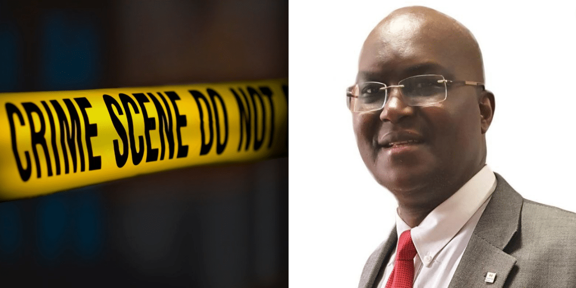 A photo collage of a portrait of Leonard Mwithiga 9right) and a photo os a crime scene banner.