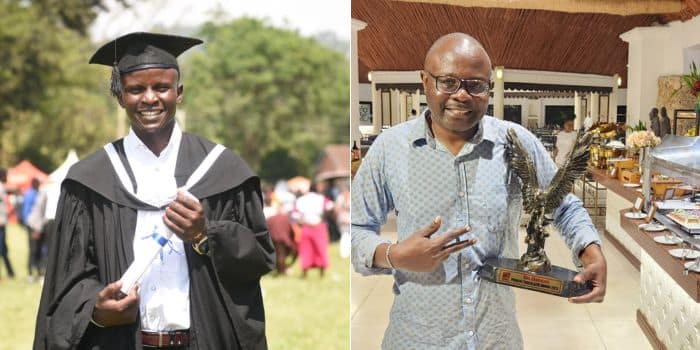 A photo collage of Ken Odhimabo during his graduation (left) and a photo of Chams Media founder Alex Chamwada.