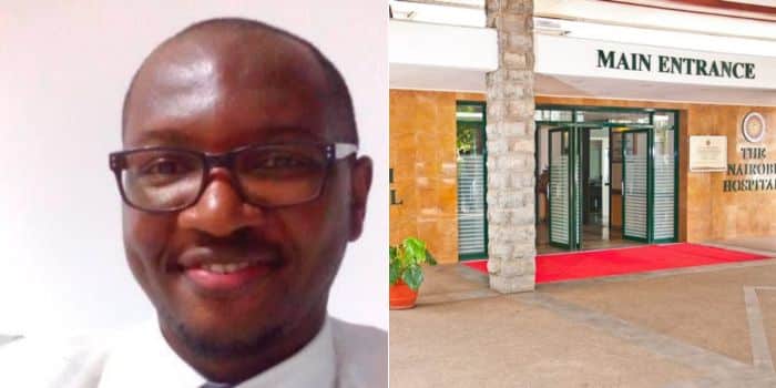 A photo collage of former Nairobi Hospital Finance Director Eric Maigo (left) and a photo of Nairobi Hospital.