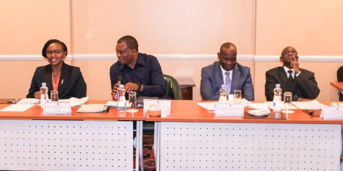 CEO of the Council for Legal Education Jennifer Gitiri (left) in a p[ast meeting.