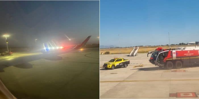 A photo collage of a photo taken from a window of the KQ aircraft and a photo of a fire engine in action in the airport.