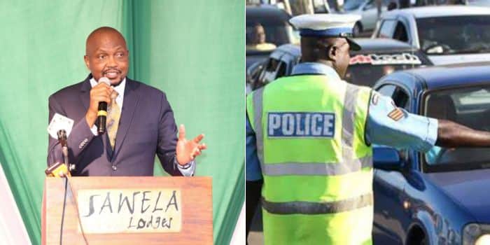 A photo collage of Public Service Cabinet Secretary Moses Kuria (left) and a photo of a police officer controlling traffic.