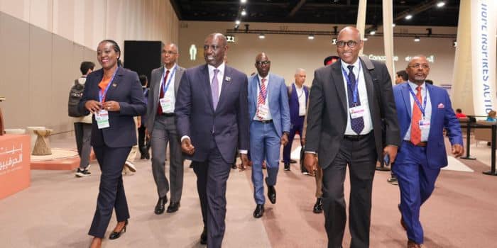 President William Ruto (second from left) leads Environment CS Soipan Tuya (left) and State House aide Adan Mohamed during the COP28 in Dubai.
