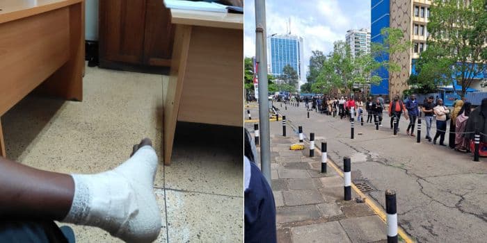A photo collage of Fafi MP Yakub Salah's foot (left) and a past photo of members of the public lining up for services at the Nyayo House.