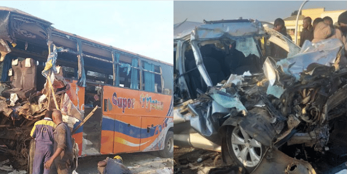 A collage photo of car a bus wreck and a car wreck.