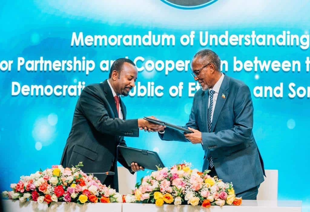 Ethiopia Prime Minister Abiy Ahmed Ali and the President of Somaliland Muse Bihe Abdi after siging a Memorandum of Understanding in Addis Ababa on January 2, 2024. PHOTO/ Office of Prime Minister Ethiopia.