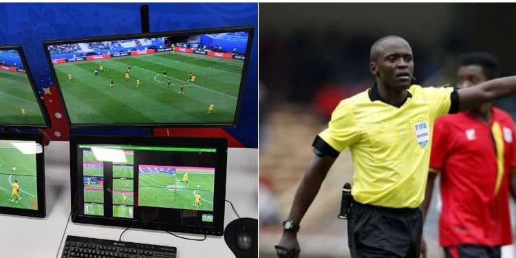 A collage of VAR Computer set-up and FKF Premier League Referee, Peter Waweru.