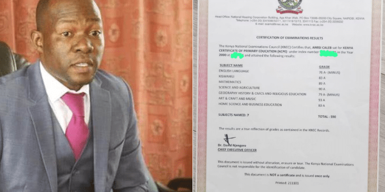 Saboti Member of Parliament Caleb Amisi and his KCPE Certificate.