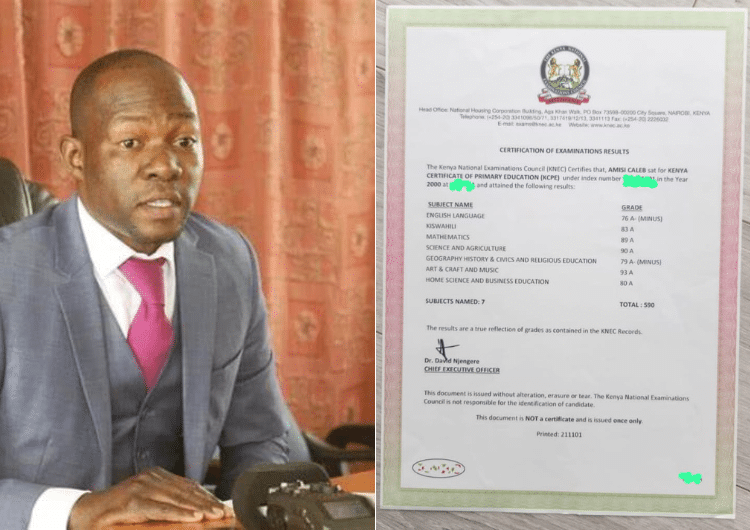 Saboti Member of Parliament Caleb Amisi and his KCPE Certificate.