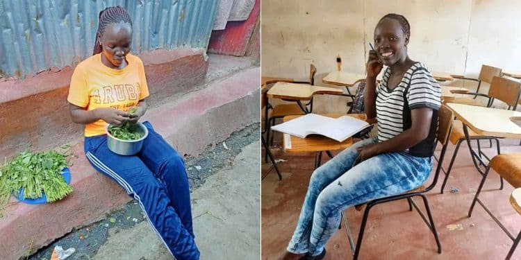 A photo collage of Bridgit Atieno preparing a meal (left) and a photo of the mother of one inside a classroom.