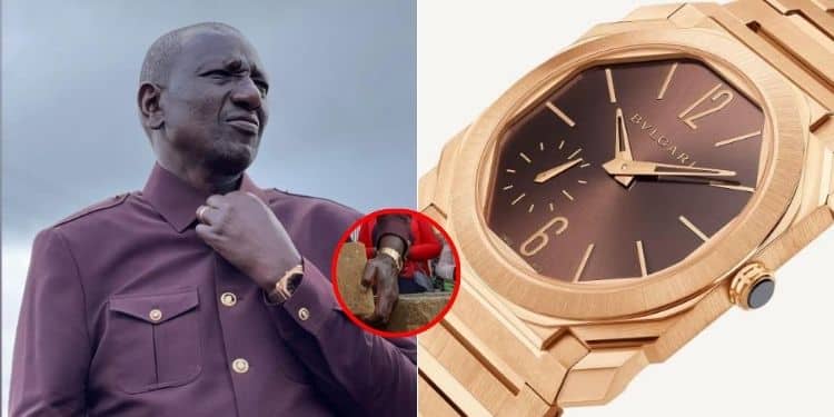 A photo collage of President William Ruto wearing a BVLGARI watch (left) and a photo of the BVLGARI watch. photo/courtesy.