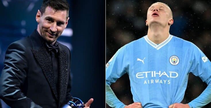 A photo collage of Inter Miami and Argentina forward Lionel Messi (left) and a photo of Manchester City forward Erling Haaland.