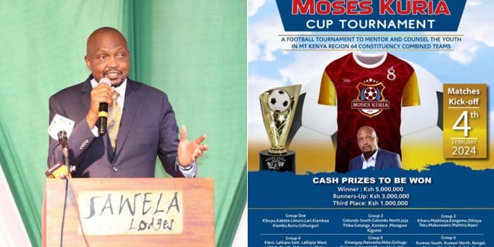 A side-by-side photo of Public Service Cabinet Secretary Moses Kuria and a poster of his upcoming tournament.